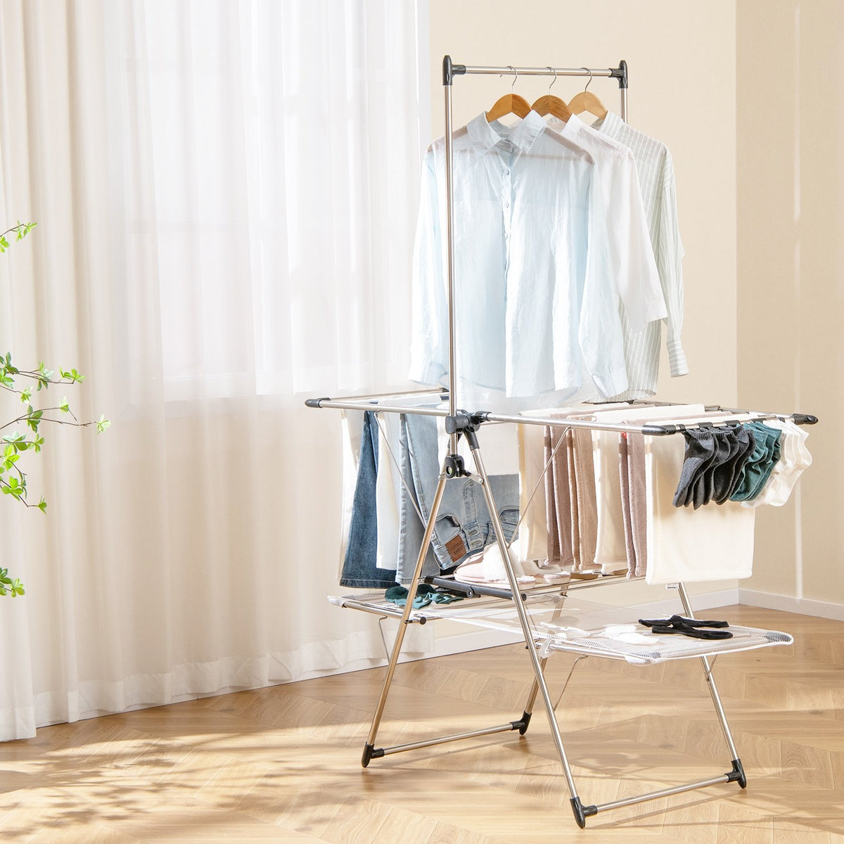 Large Foldable Clothes Drying Rack with Tall Hanging Bar view 2