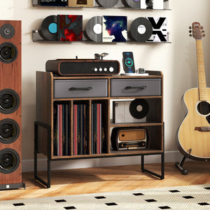Large Record Player Stand with Charging Station Mid Century Modern Vinyl Storage Cabinet-Rustic Brown view 2