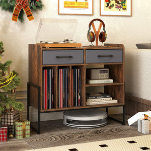 Large Record Player Stand with Charging Station Mid Century Modern Vinyl Storage Cabinet-Rustic Brown view 3