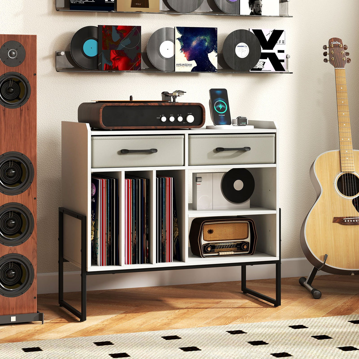Large Record Player Stand with Charging Station Mid Century Modern Vinyl Storage Cabinet-White view 2