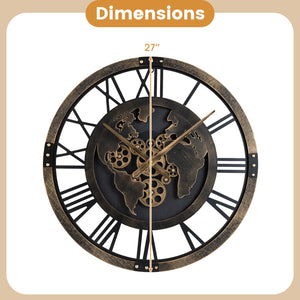 Large Wall Clock 27 inches Gear Clock with World Map-Brown view 5