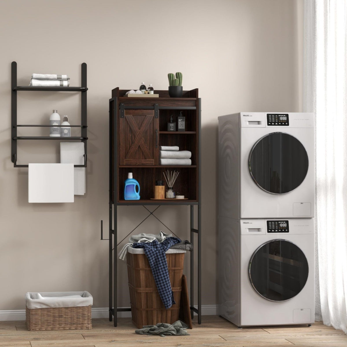 Laundry Room Bundle: Wooden Cabinet Wall-Mounted Bathroom Storage, Clothe Dryer, Laundry Basket view 2