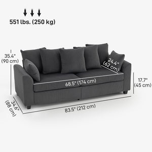 Corduroy Couch, 3 Seater Sofa, Modern Upholstered Couch with Curved Armrests and 8 Removable Pillows, Dark Grey