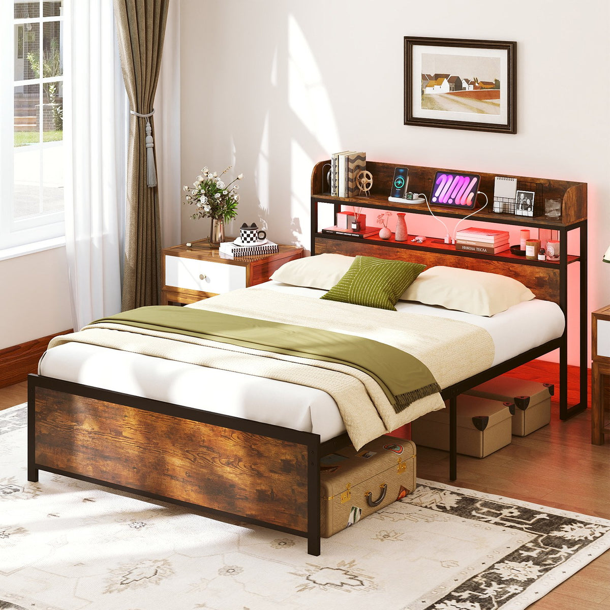LED Bed Frame with Power Outlets and Storage Headboard-Full Size view 2