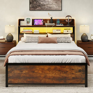 LED Bed Frame with Power Outlets and Storage Headboard-Full Size view 3