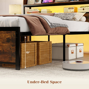 LED Bed Frame with Power Outlets and Storage Headboard-Full Size view 5