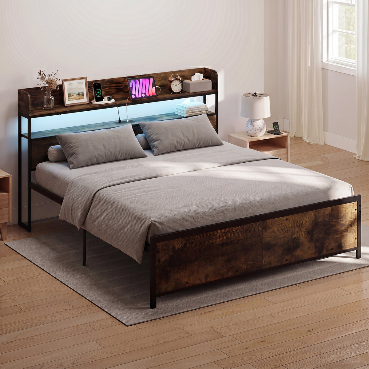 LED Bed Frame with Power Outlets and Storage Headboard-King Size view 2