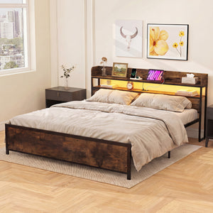 LED Bed Frame with Power Outlets and Storage Headboard-King Size view 3