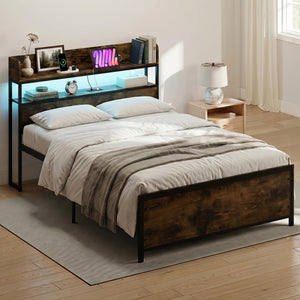 LED Bed Frame with Power Outlets and Storage Headboard-Queen Size view 2