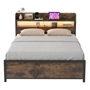 LED Bed Frame with Power Outlets and Storage Headboard-Queen Size view 4