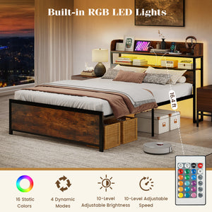 LED Bed Frame with Power Outlets and Storage Headboard-Queen Size view 6