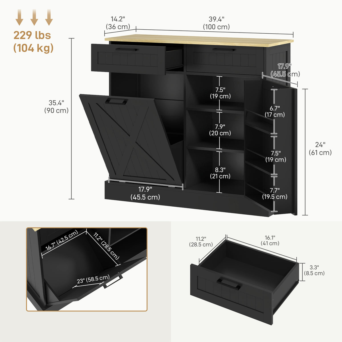 10 Gallon Hidden Garbage Bin Cabinet, Tilt Out Trash Cabinet w/ 2 Drawers, Freestanding Kitchen Island – view 2