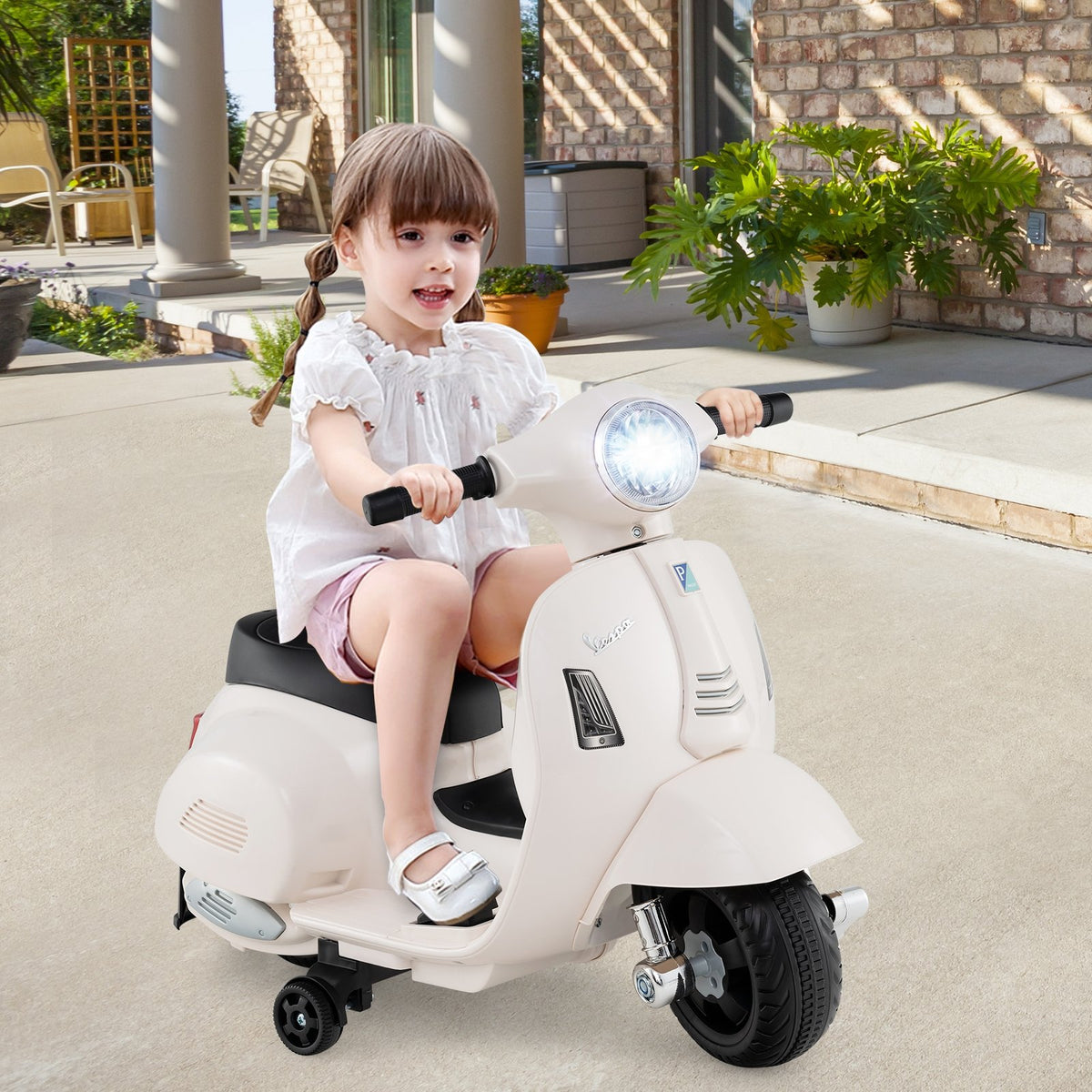 Kids Ride on Motorcycle Licensed Vespa with LED Headlight and Horn Sound-White view 2