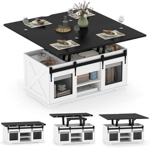 Lift Top Coffee Table with 2 Sliding Barn Doors-Black