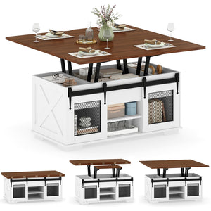 Lift Top Coffee Table with 2 Sliding Barn Doors-Walnut