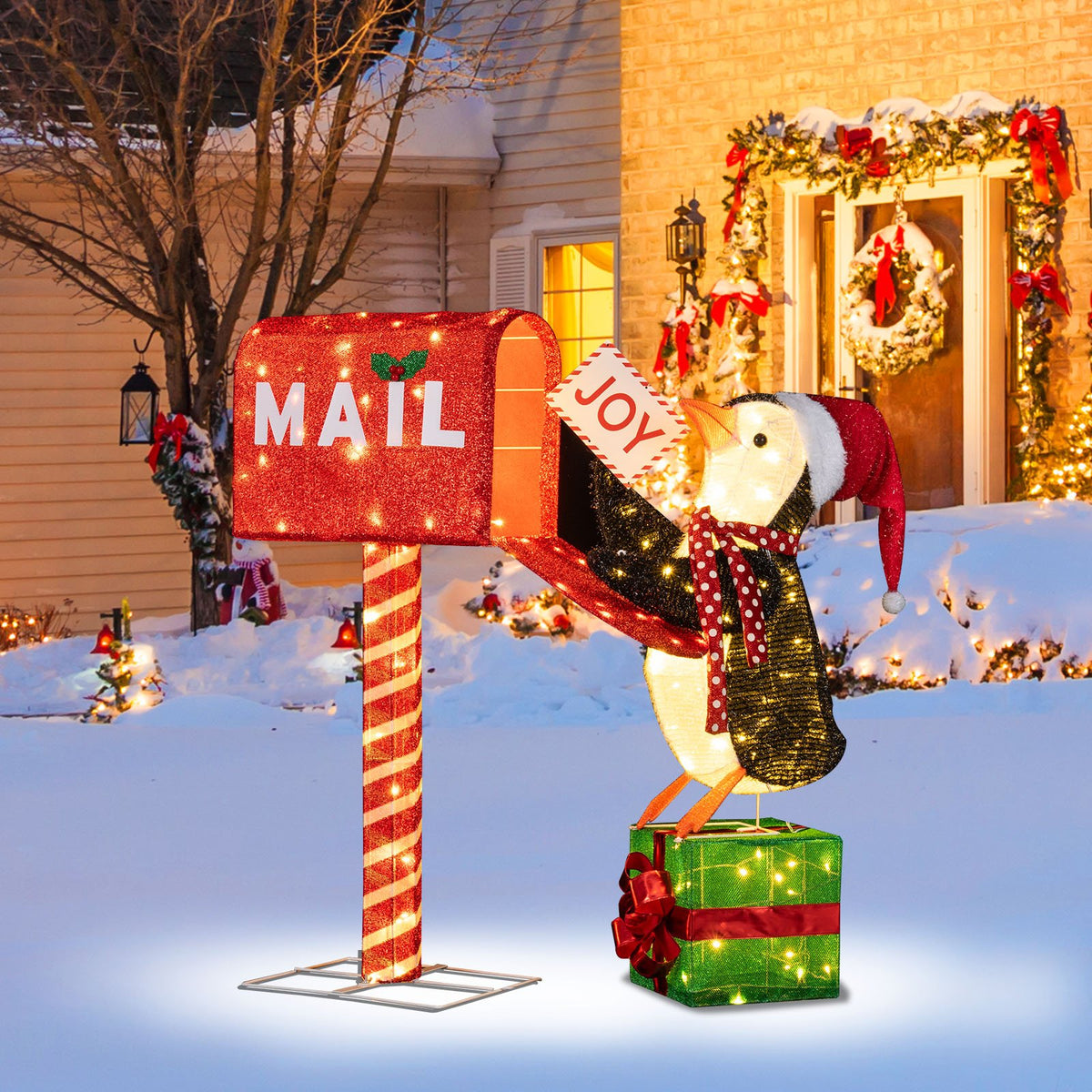 Lighted Christmas Decoration Mailbox and Penguin 3D Pre-Lit Xmas Holiday Decoration view 2