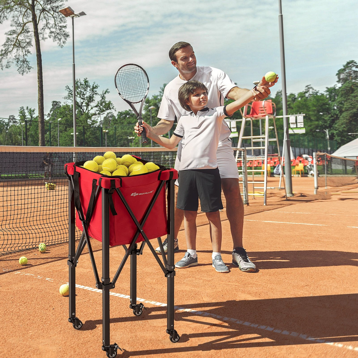 Lightweight Foldable Tennis Ball Teaching Cart with Wheels and Removable Bag-Red view 2
