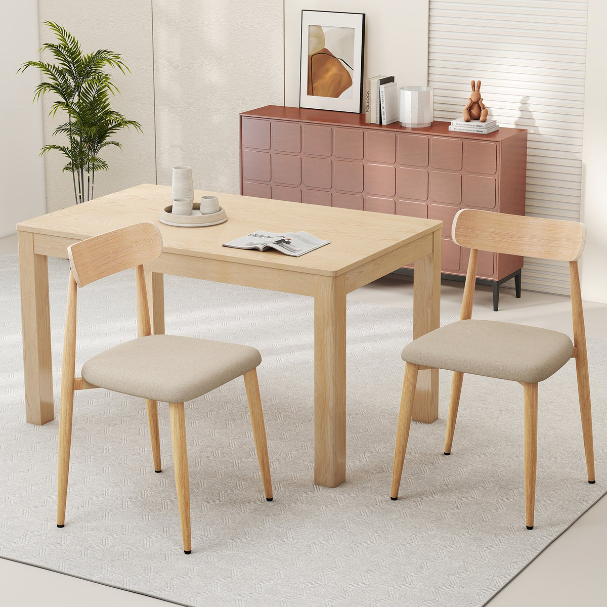 Linen Fabric Upholstered Modern Dining Chair Set of 2 with Padded Seat and Curved Back-Oak view 2