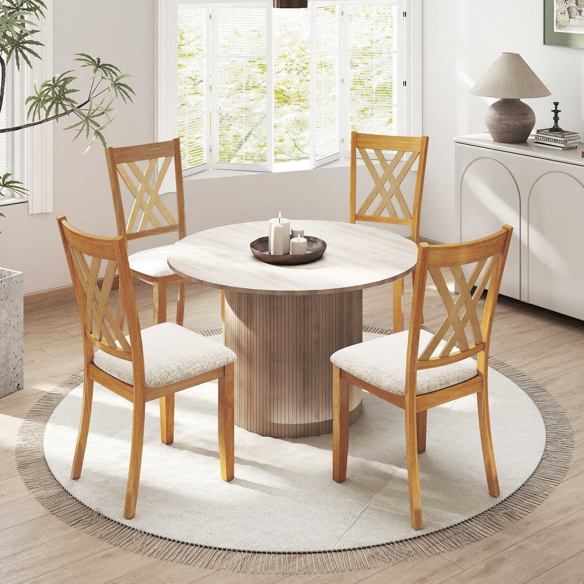 Linen Fabric Upholstered Wooden Dining Chair Set of 4 with Rubber Wood Frame for Dining Room-Natural view 2