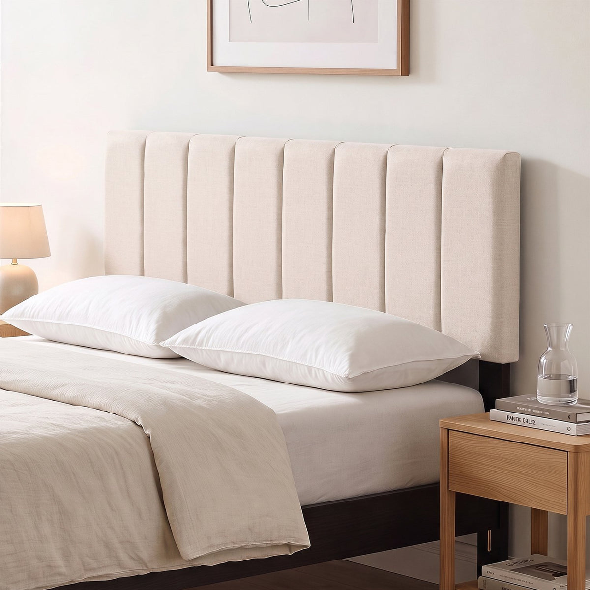 Linen Upholstered Headboard with Solid Wood Legs and Adjustable Width-Beige view 2