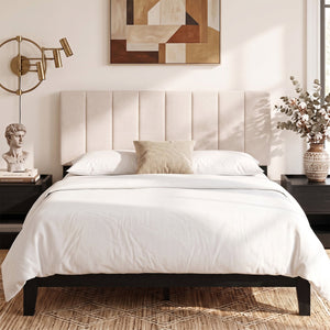 Linen Upholstered Headboard with Solid Wood Legs and Adjustable Width-Beige view 6
