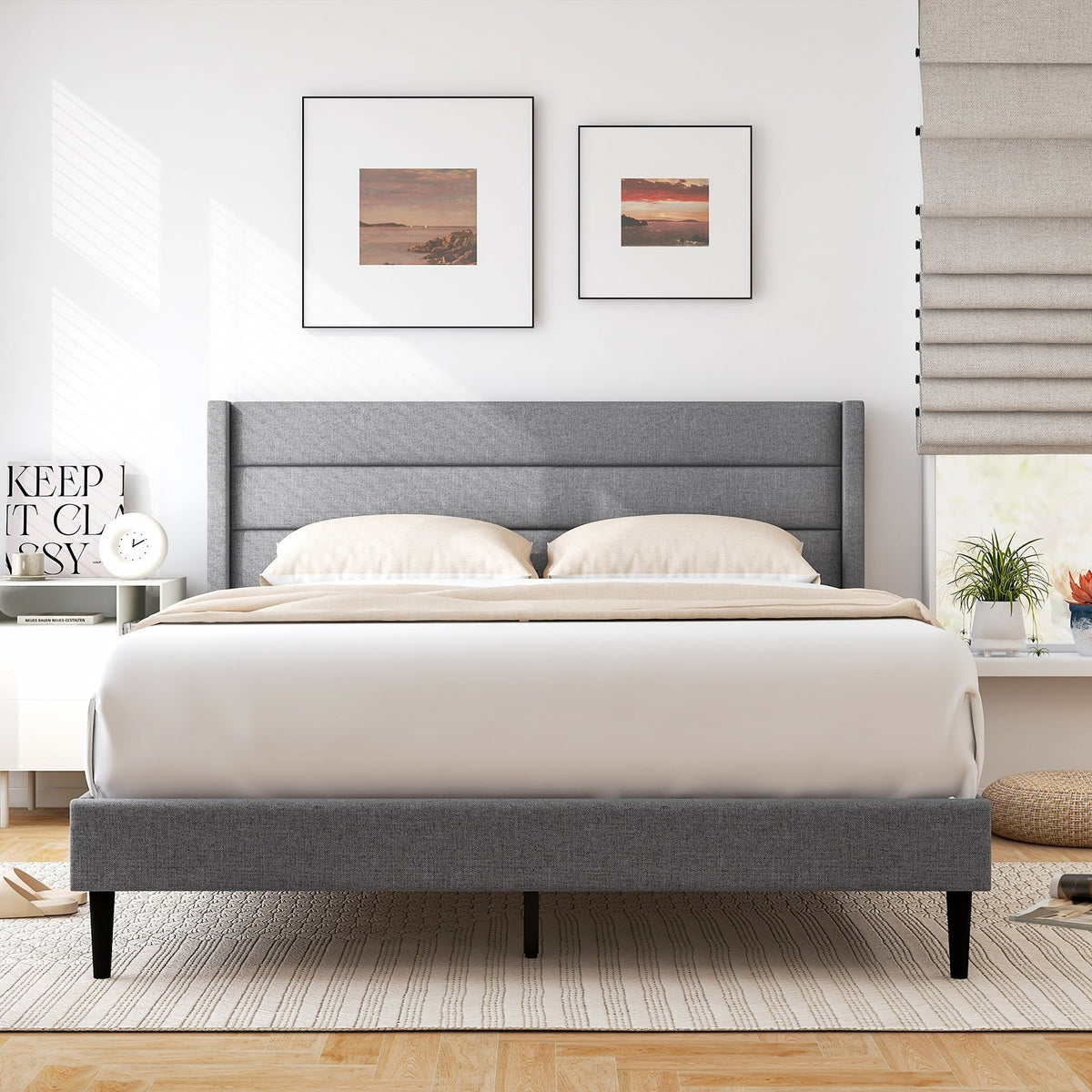 Linen Upholstered Platform Twin/Queen Bed Frame with Wingback Headboard-Queen Size view 2