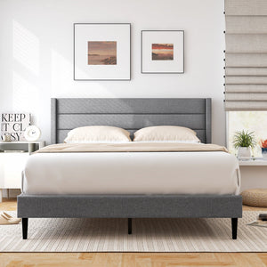 Linen Upholstered Platform Twin/Queen Bed Frame with Wingback Headboard-Queen Size view 2