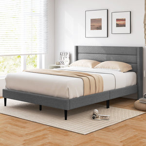Linen Upholstered Platform Twin/Queen Bed Frame with Wingback Headboard-Queen Size view 3