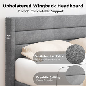 Linen Upholstered Platform Twin/Queen Bed Frame with Wingback Headboard-Queen Size view 7