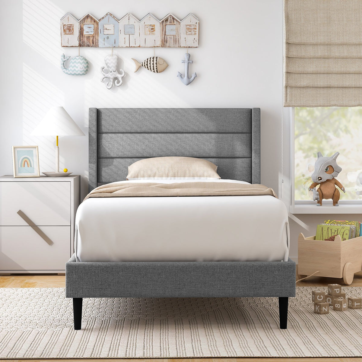 Linen Upholstered Platform Twin/Queen Bed Frame with Wingback Headboard-Twin Size view 2