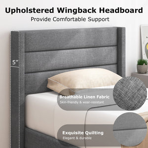 Linen Upholstered Platform Twin/Queen Bed Frame with Wingback Headboard-Twin Size view 7