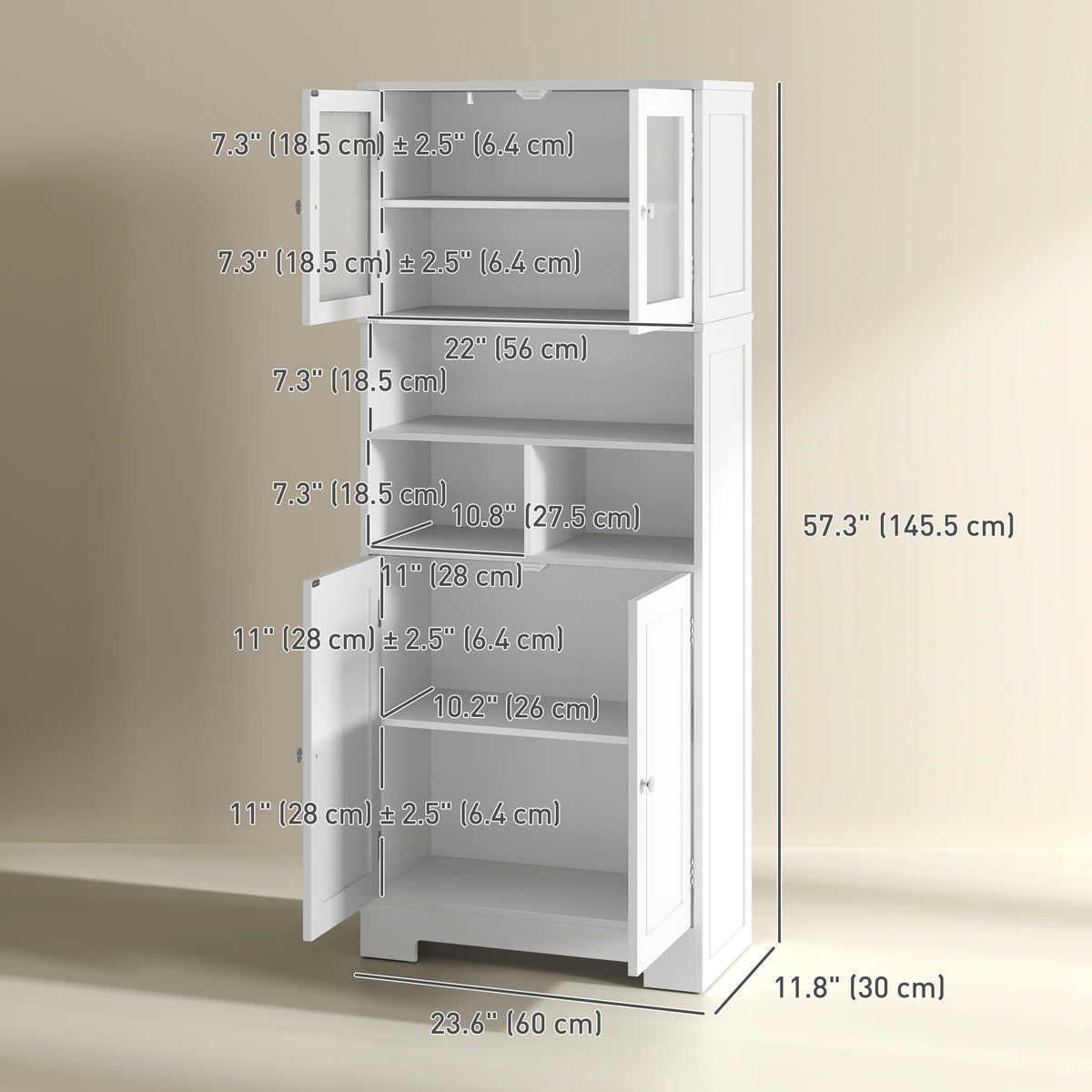 57" Kitchen Pantry, Freestanding Pantry Storage Cabinet with Glass Doors, Adjustable Shelves, Open Compartments, White