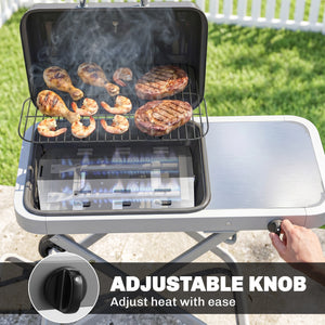 Portable Propane Gas BBQ Grill with Foldable Cart, Wheels, 9500 BTU Gas Barbecue Grill with Piezo Ignition Burner, Black