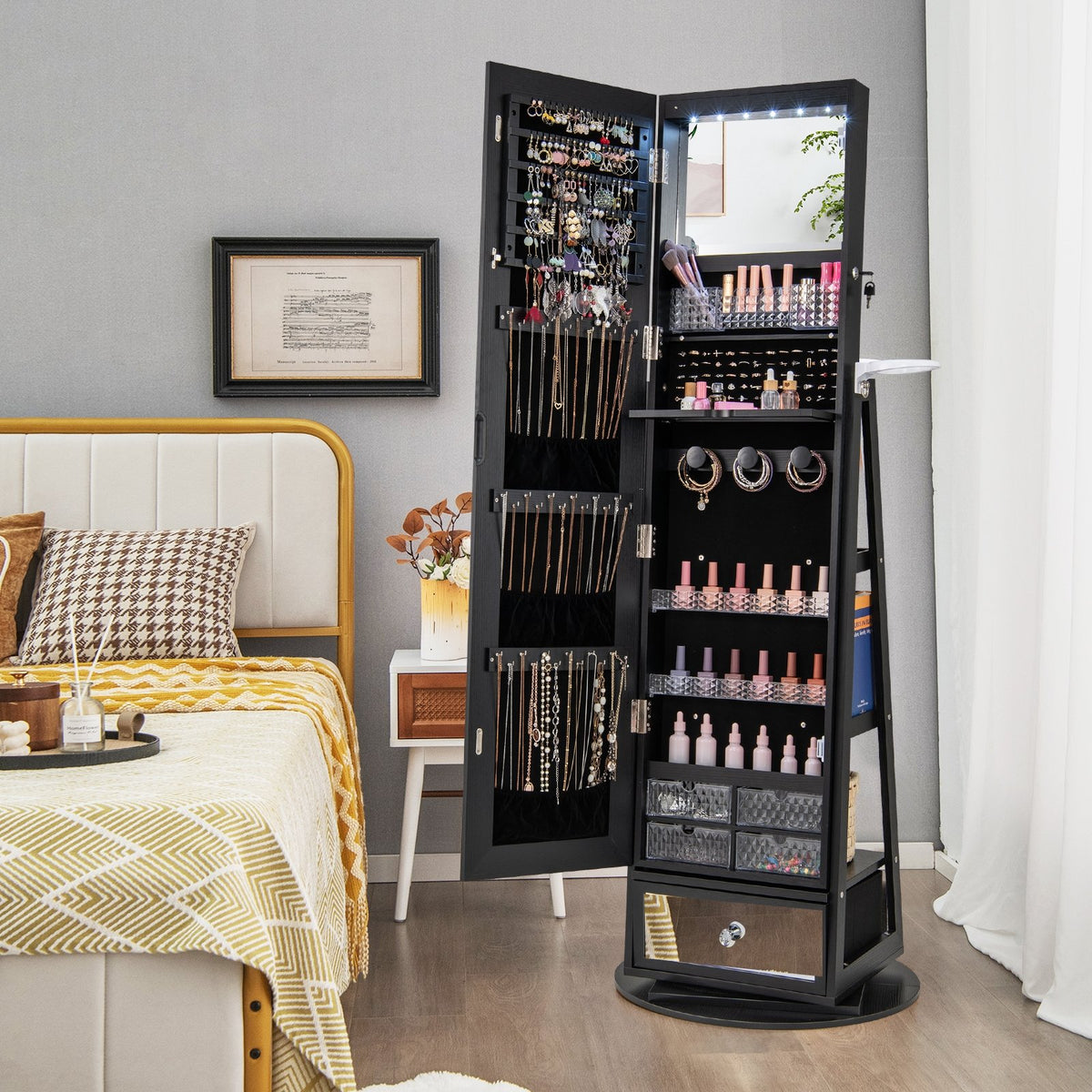 Lockable 360° Swivel Jewelry Cabinet with Full-Length Mirror LED Lights-Black view 2
