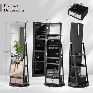 Lockable 360° Swivel Jewelry Cabinet with Full-Length Mirror LED Lights-Black view 4