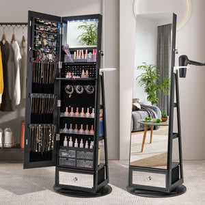 Lockable 360° Swivel Jewelry Cabinet with Full-Length Mirror LED Lights-Black view 5