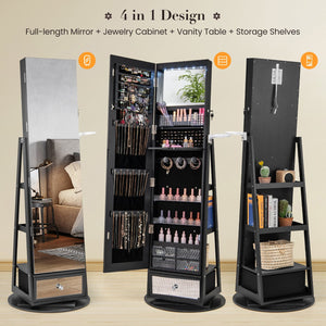 Lockable 360° Swivel Jewelry Cabinet with Full-Length Mirror LED Lights-Black view 6