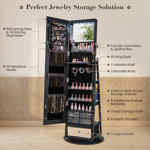 Lockable 360° Swivel Jewelry Cabinet with Full-Length Mirror LED Lights-Black view 8
