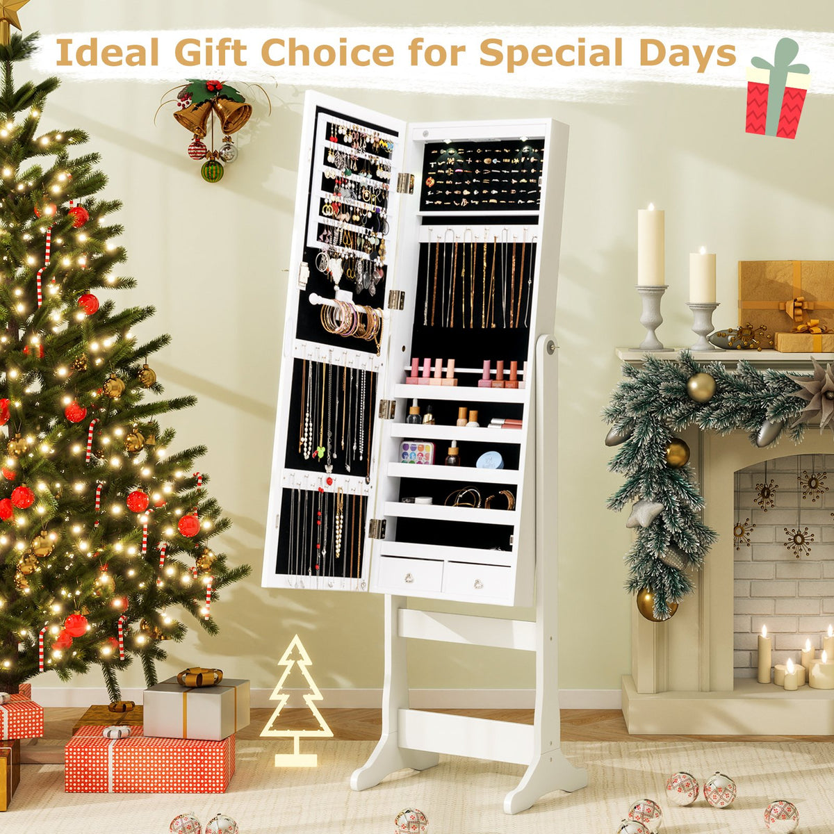 Lockable Freestanding Jewelry Cabinet Armoire with Full-Length Mirror and Lights-White view 2