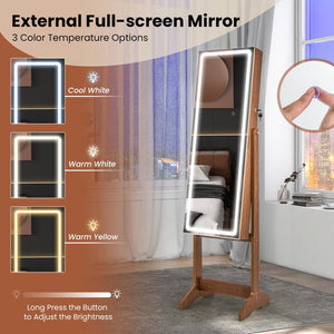 Lockable Jewelry Armoire Standing Cabinet with Lighted Full-Length Mirror-Walnut view 7