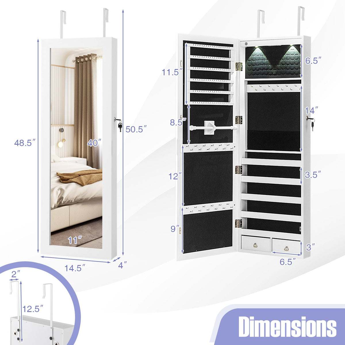 Lockable Wall Mount Mirrored Jewelry Cabinet with LED Lights-White view 2