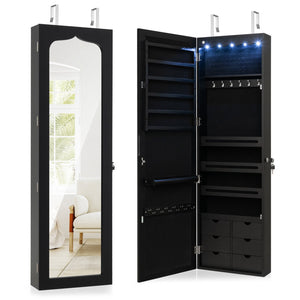 Lockable Wall Mounted Mirror Jewelry Armoire with 5 LEDs and 6 Drawers-Black view 4