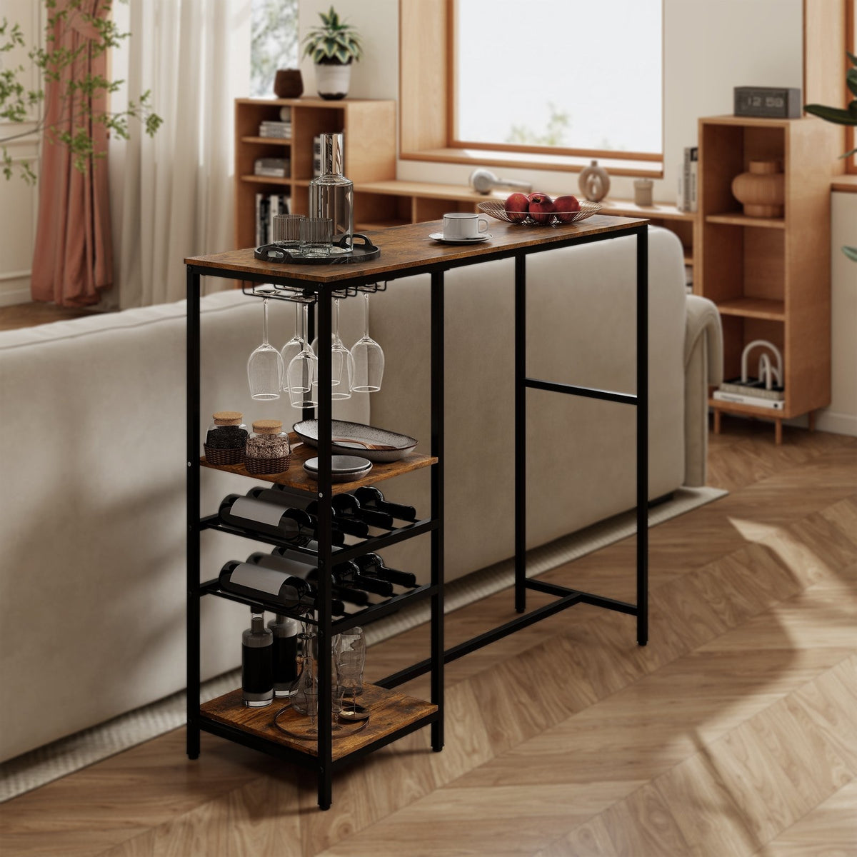 Long Bar Table Bar Height Dining Table with Storage Shelves-Rustic Brown view 2