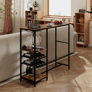 Long Bar Table Bar Height Dining Table with Storage Shelves-Rustic Brown view 2