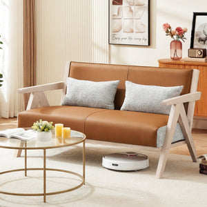 Loveseat Sofa for Small Spaces with Throw Pillows Rubber Wood Frame Padded Seat-Brown view 3