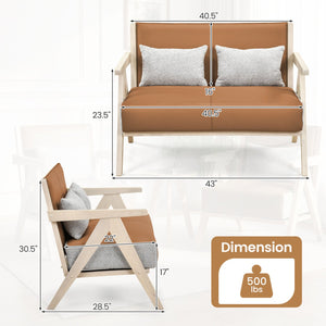 Loveseat Sofa for Small Spaces with Throw Pillows Rubber Wood Frame Padded Seat-Brown view 5