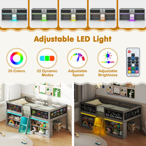 Low Loft Bed with LED Lights Kid's Cabin Bed with Bookcases-Gray view 6
