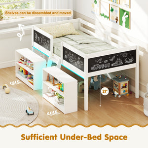 Low Loft Bed with LED Lights Kid's Cabin Bed with Bookcases-White view 8