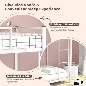 Low Profile Twin Over Twin Metal Bunk Bed with Full-length Guardrails-White view 7