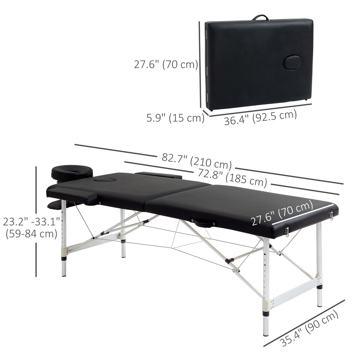 83" 2 Section Foldable Massage Table Professional Salon SPA Facial Couch Tatoo Bed with Carry Bag Black